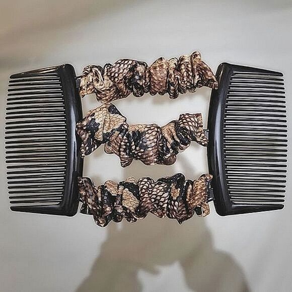 Vtg Y2K brown snake print double comb faux silk scrunchie hair fastener - Picture 3 of 7